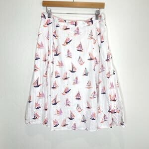 by Anthropologie Sailboat Print Below Knee Skirt Womens 14 White A Line Flare